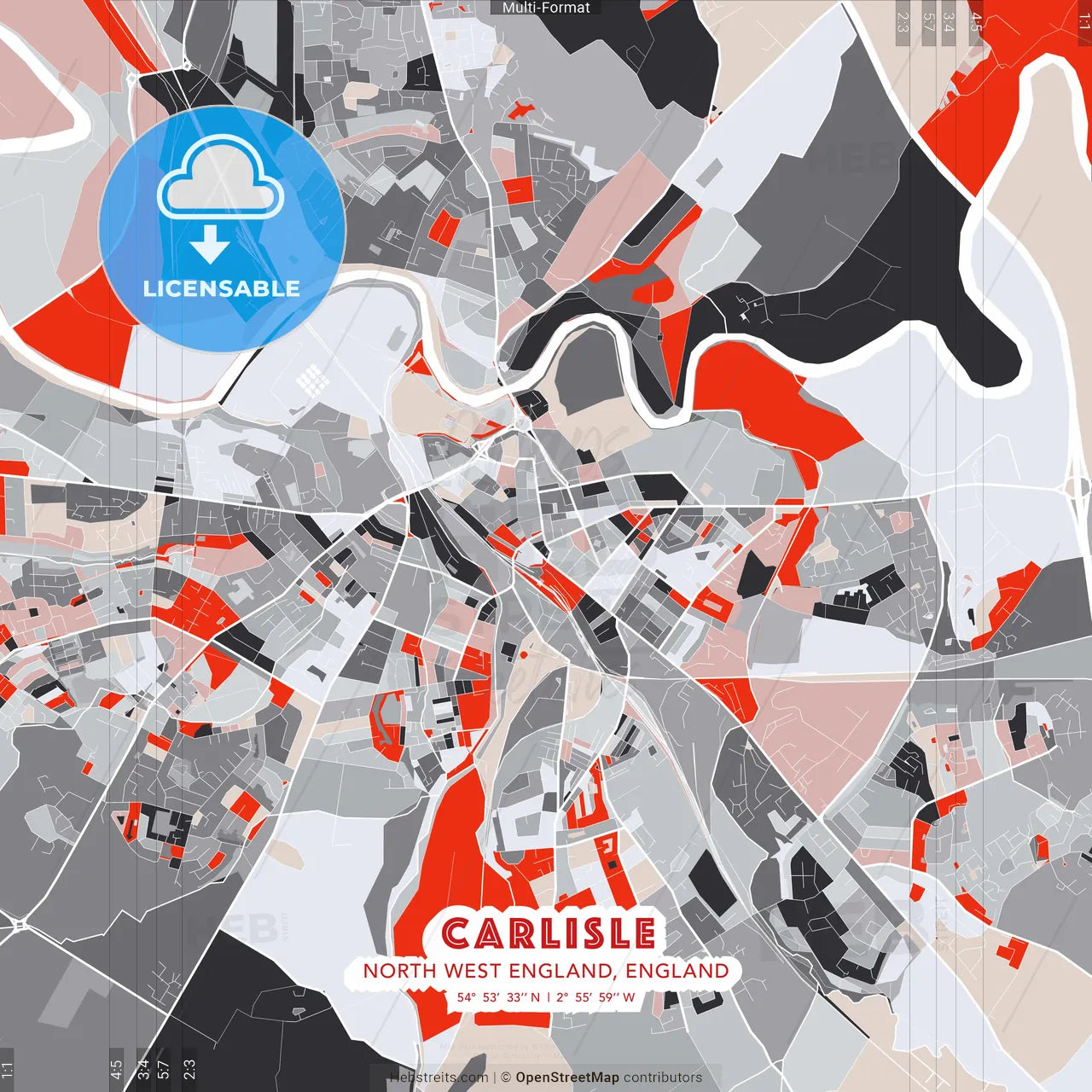 Carlisle, North West England, England - modern street map poster template with gray and red tones