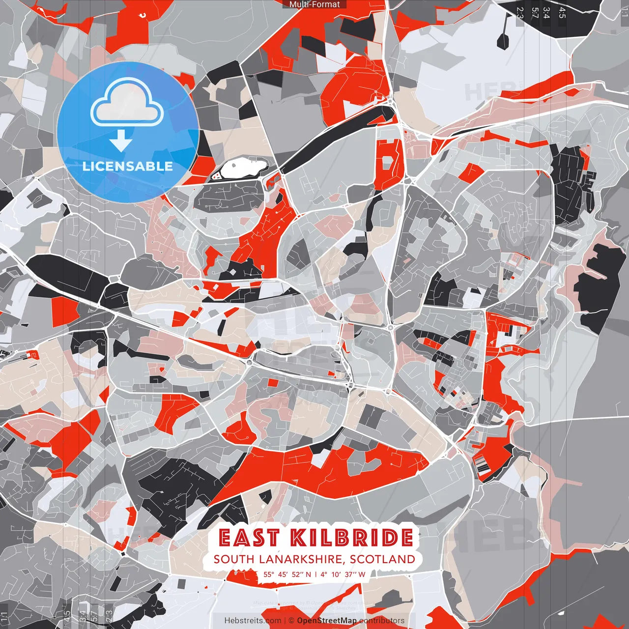 East Kilbride, South Lanarkshire, Scotland - modern street map poster template with gray and red tones