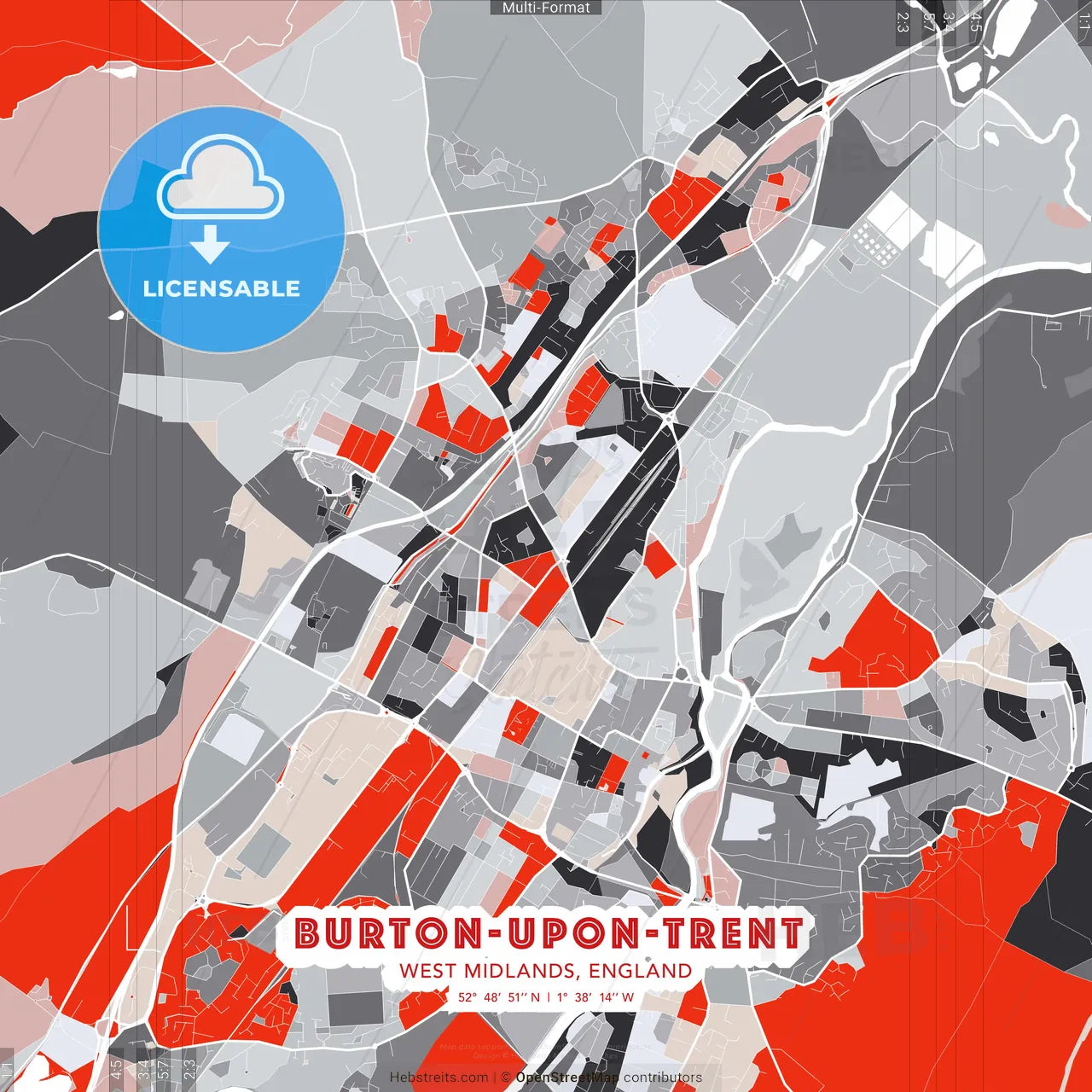 Burton-upon-Trent, West Midlands, England - modern street map poster template with gray and red tones