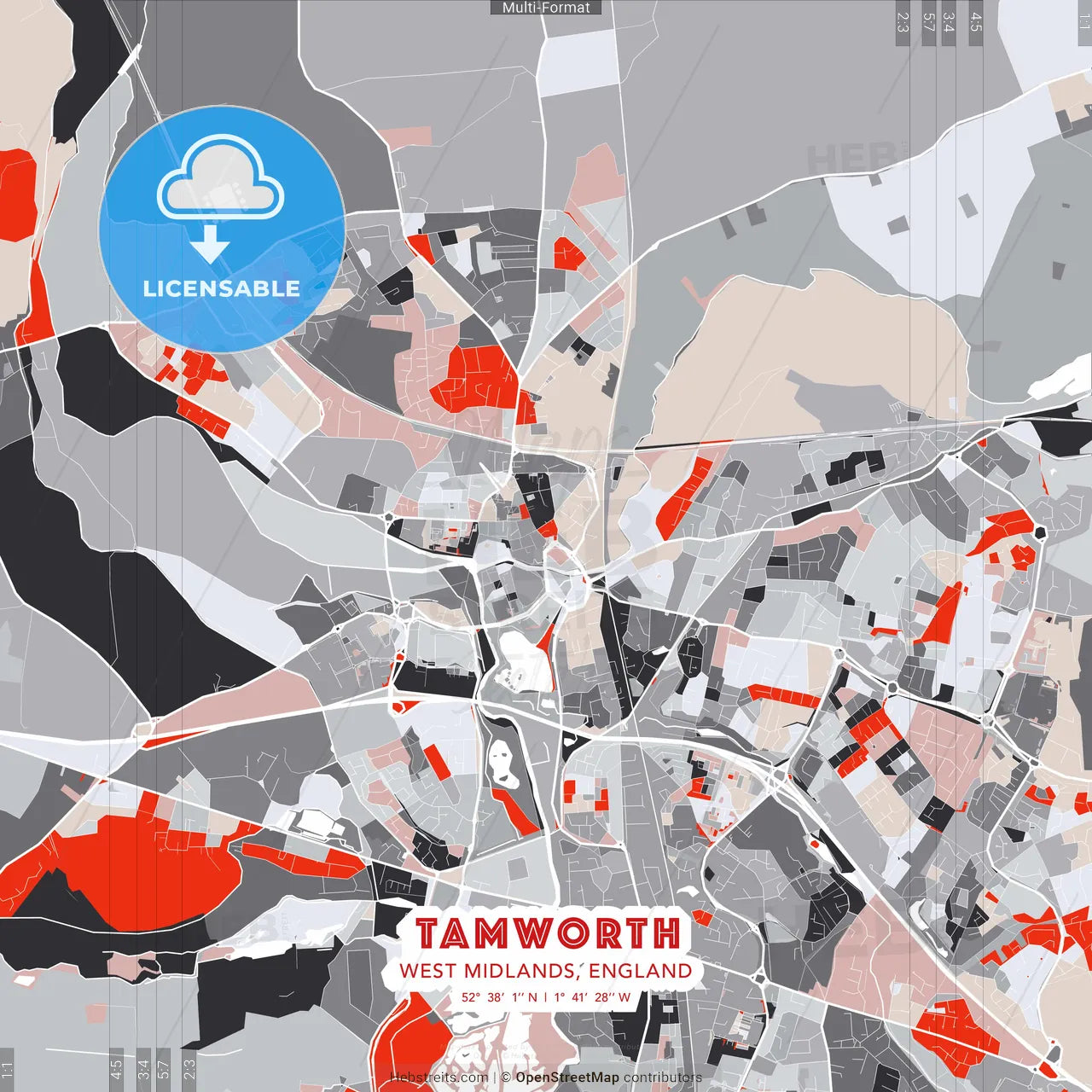 Tamworth, West Midlands, England - modern street map poster template with gray and red tones