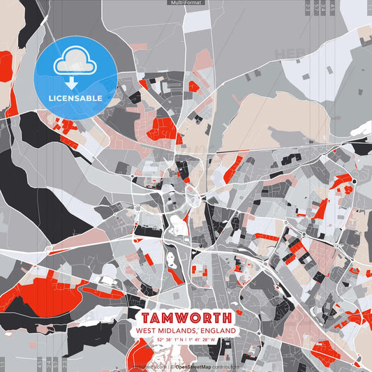 Tamworth, West Midlands, England - modern street map poster template with gray and red tones