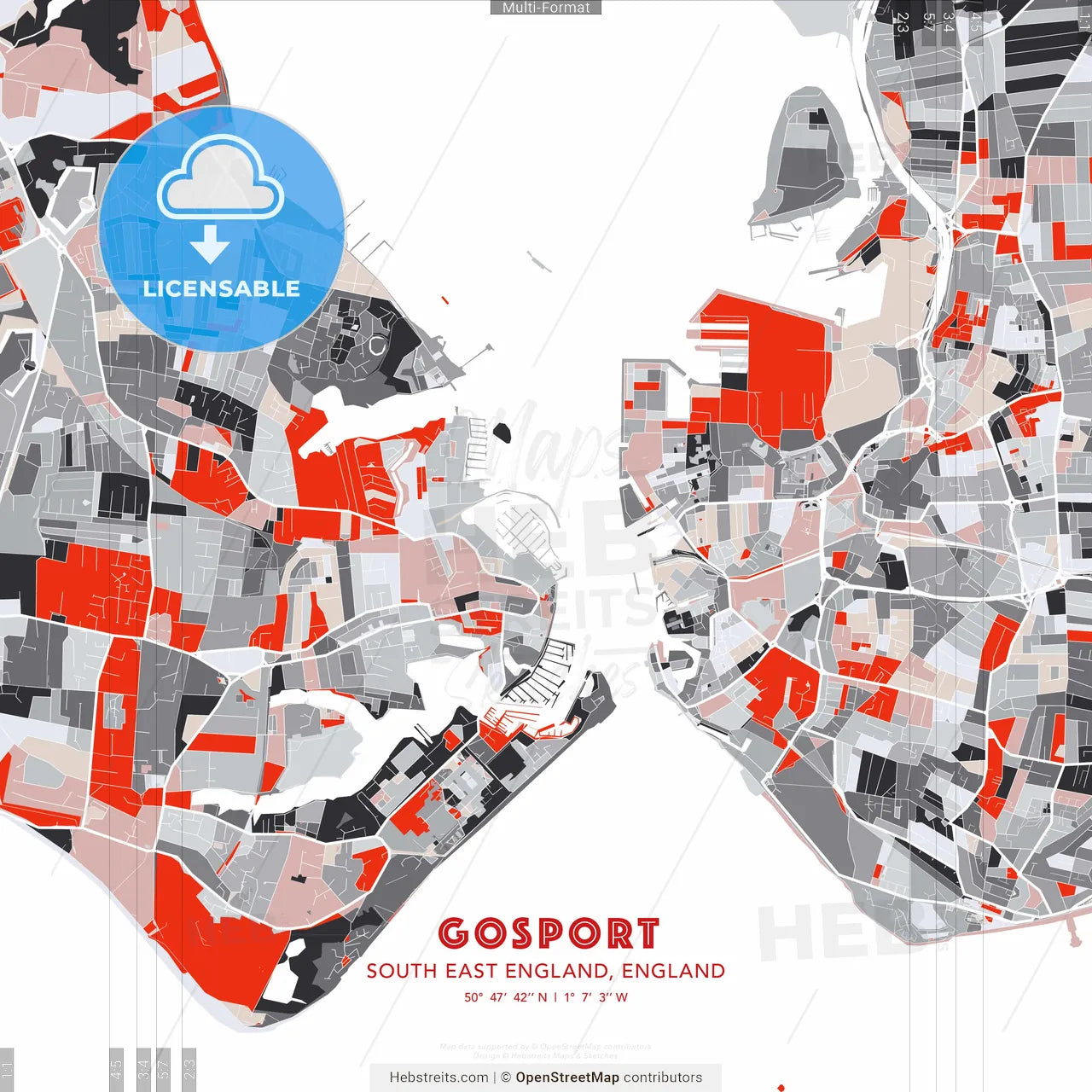 Gosport, South East England, England - modern street map poster template with gray and red tones