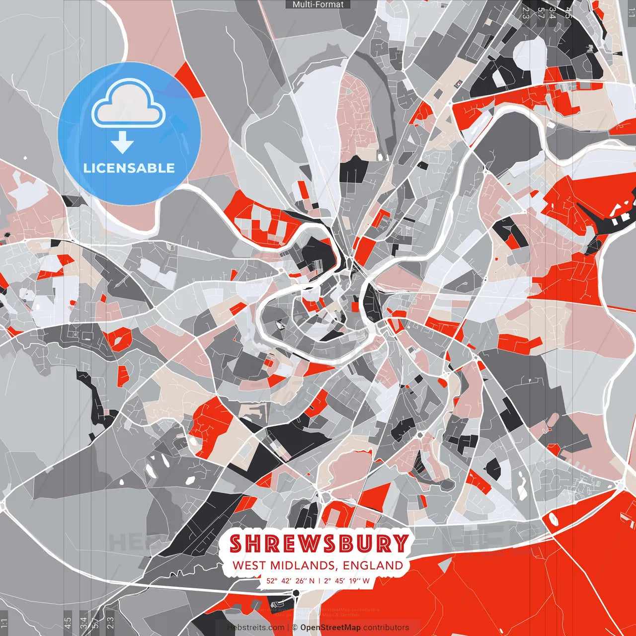 Shrewsbury, West Midlands, England - modern street map poster template with gray and red tones