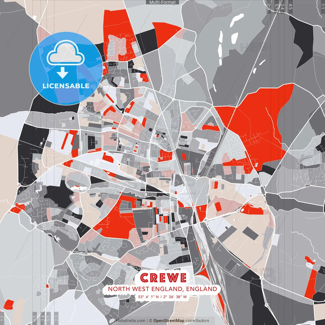 Crewe, North West England, England - modern street map poster template with gray and red tones
