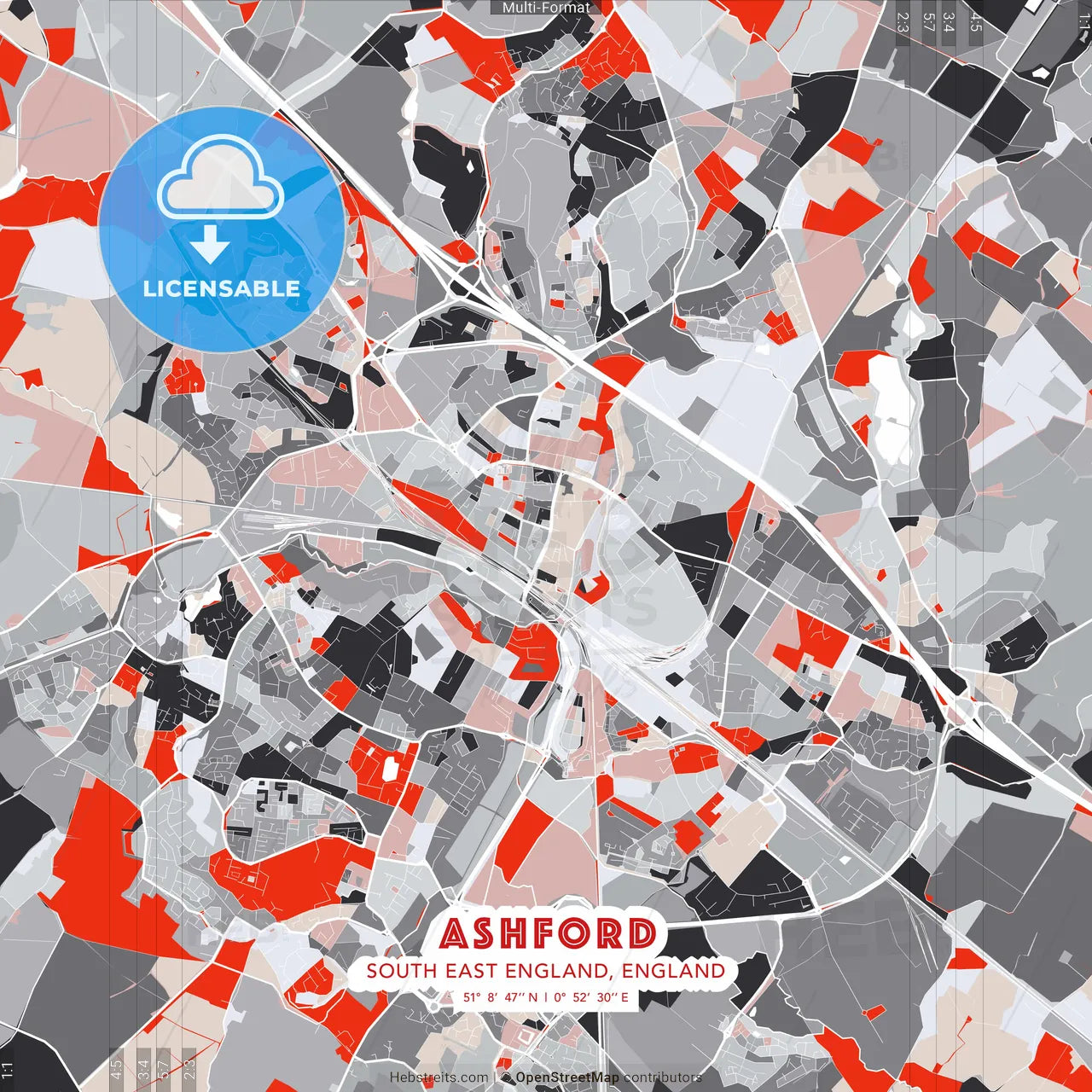 Ashford, South East England, England - modern street map poster template with gray and red tones