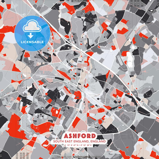 Ashford, South East England, England - modern street map poster template with gray and red tones