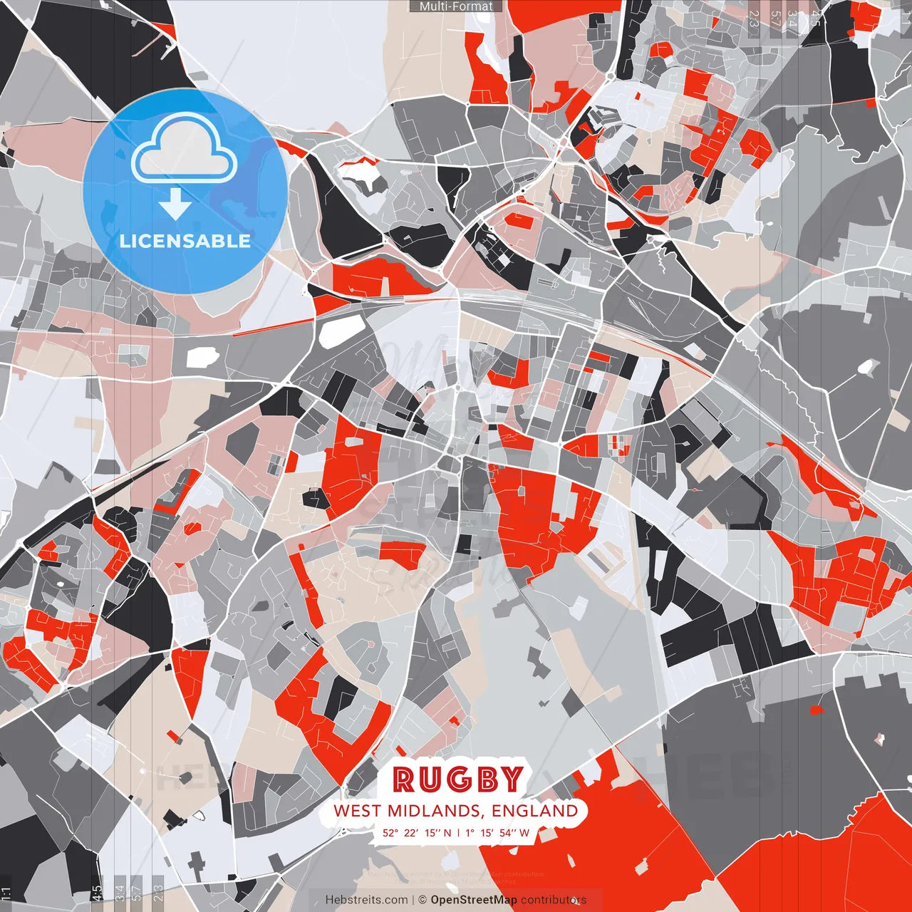 Rugby, West Midlands, England - modern street map poster template with gray and red tones
