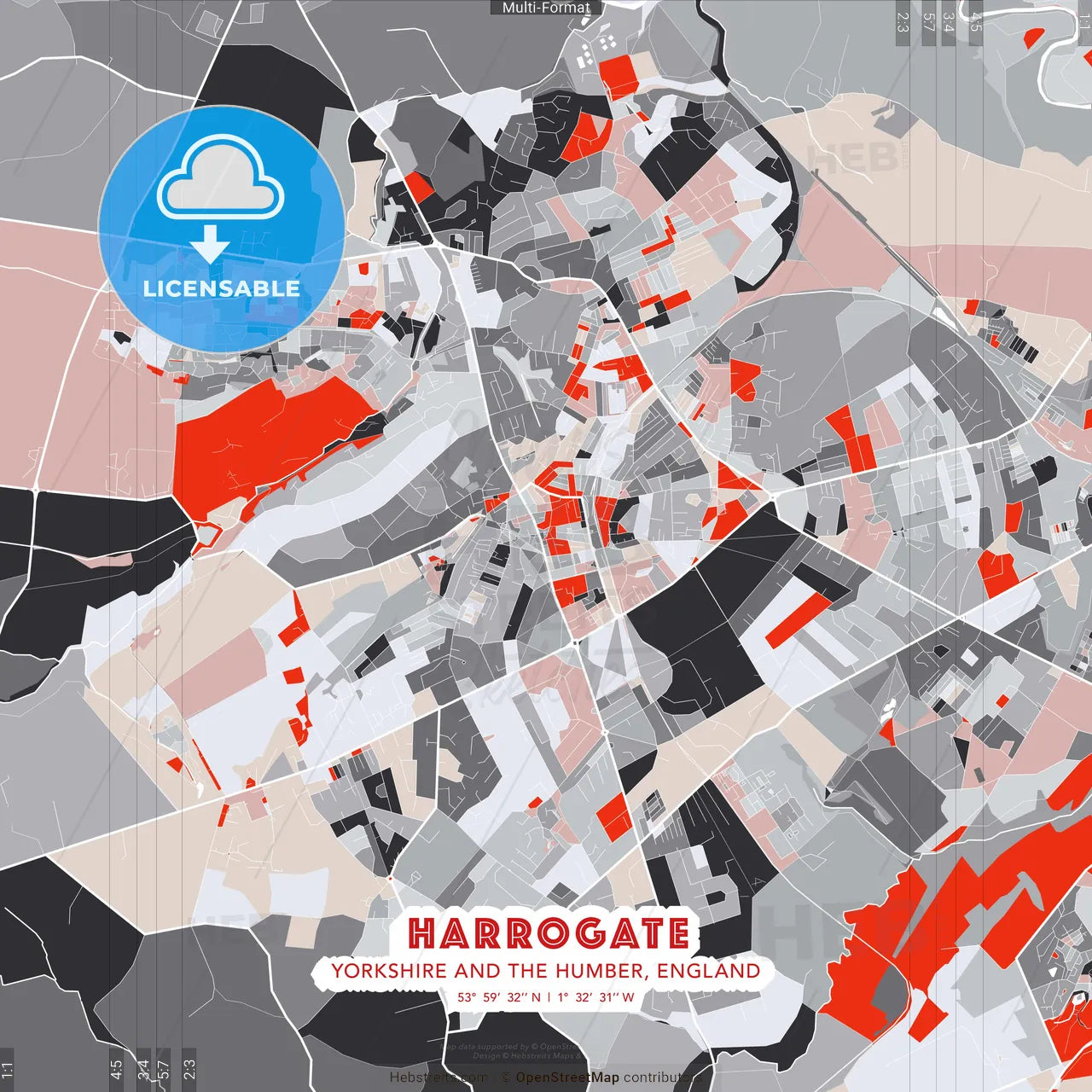 Harrogate, Yorkshire and the Humber, England - modern street map poster template with gray and red tones