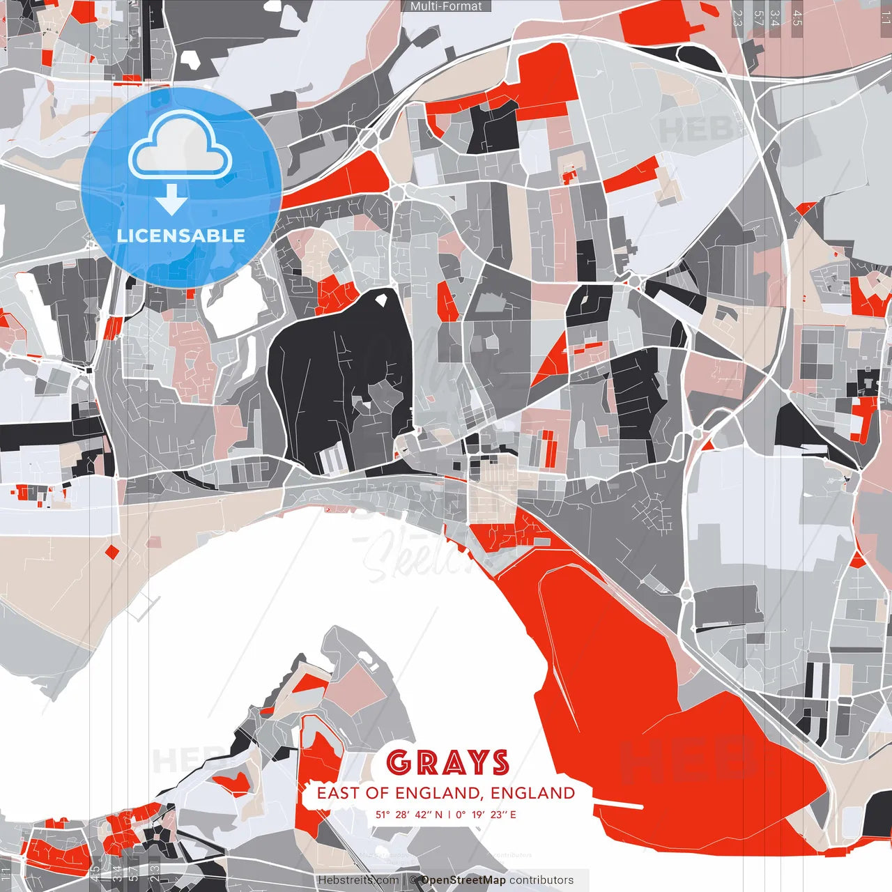Grays, East of England, England - modern street map poster template with gray and red tones
