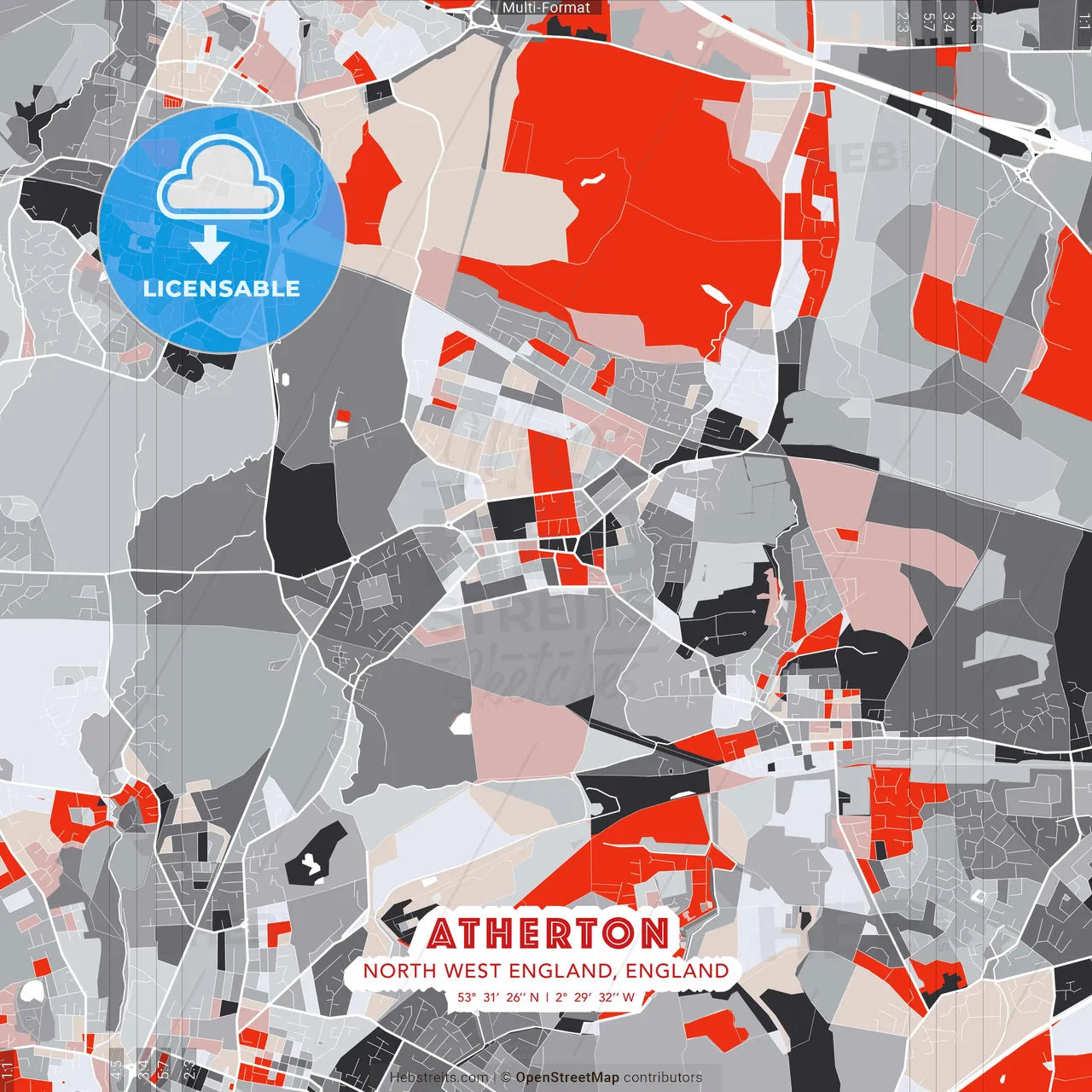 Atherton, North West England, England - modern street map poster template with gray and red tones