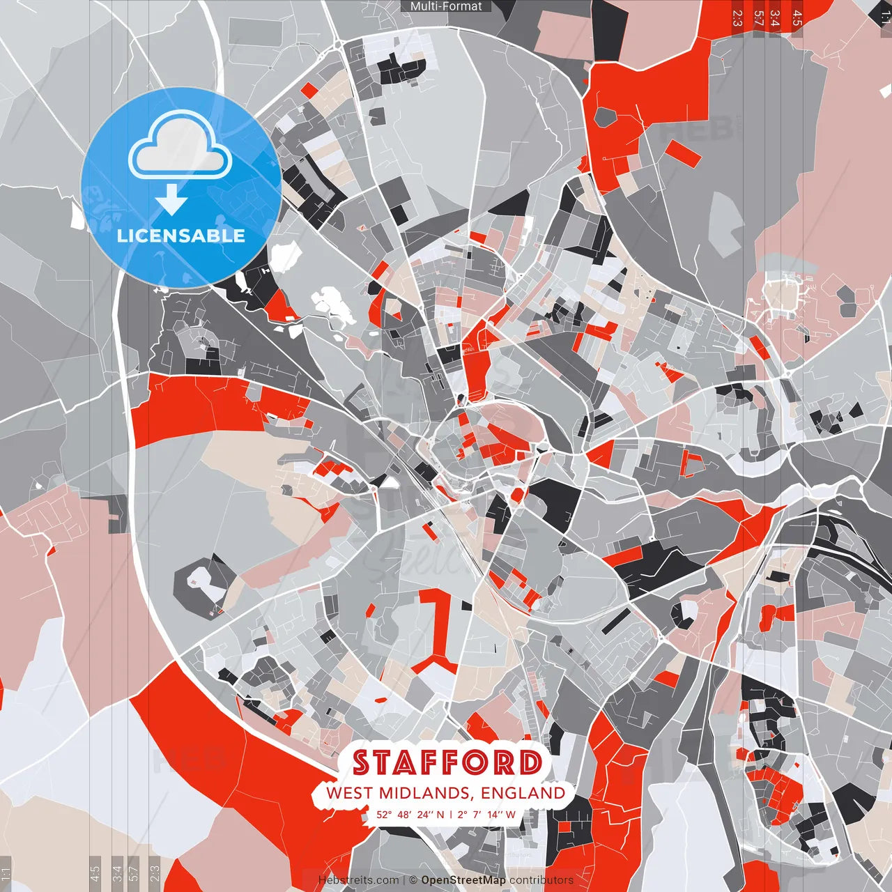 Stafford, West Midlands, England - modern street map poster template with gray and red tones