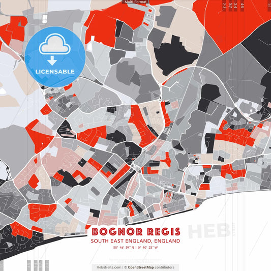 Bognor Regis, South East England, England - modern street map poster template with gray and red tones