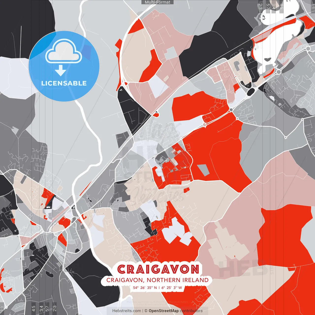 Craigavon, Craigavon, Northern Ireland - modern street map poster template with gray and red tones