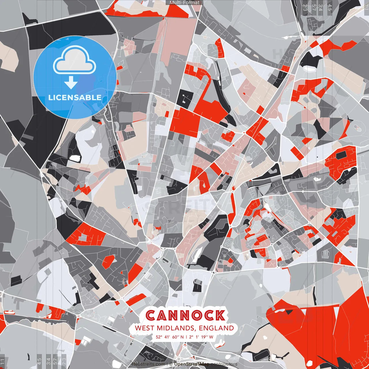 Cannock, West Midlands, England - modern street map poster template with gray and red tones