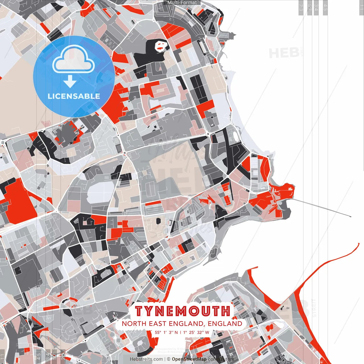 Tynemouth, North East England, England - modern street map poster template with gray and red tones