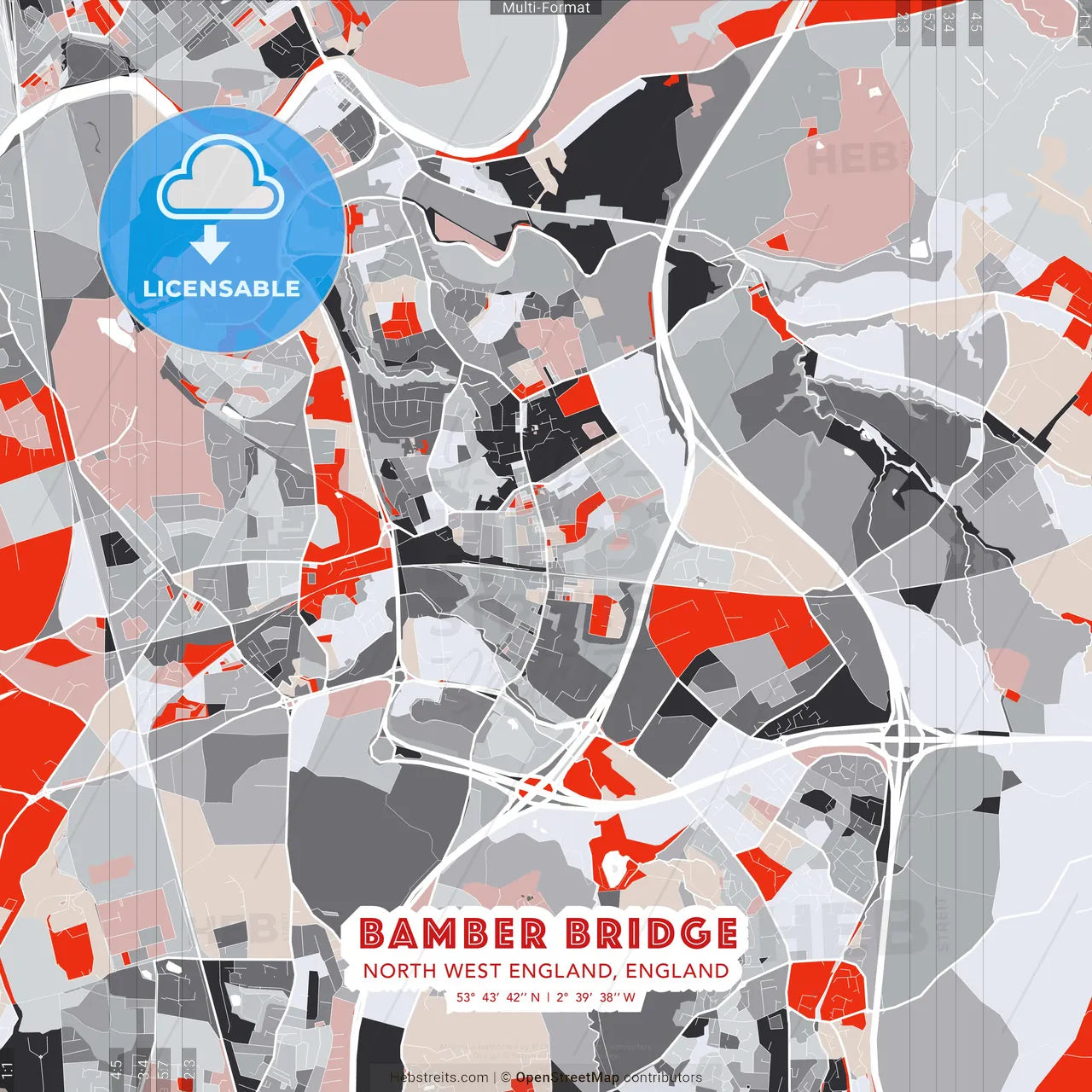 Bamber Bridge, North West England, England - modern street map poster template with gray and red tones