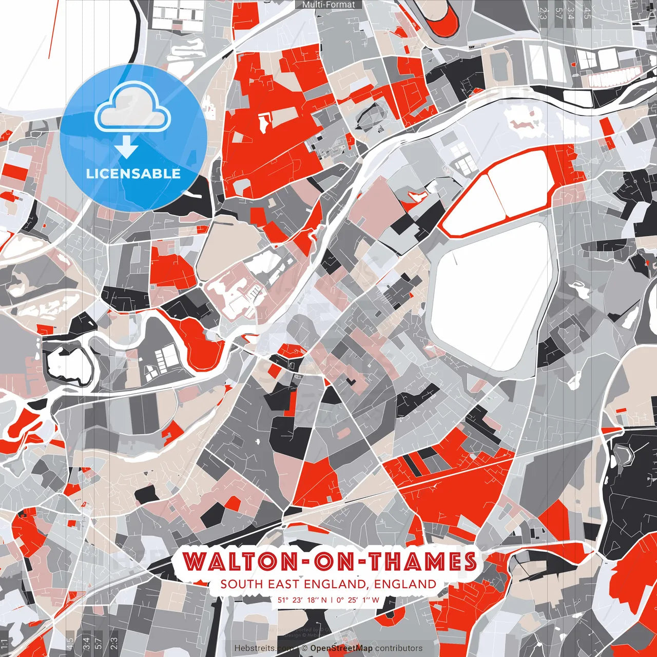 Walton-on-Thames, South East England, England - modern street map poster template with gray and red tones