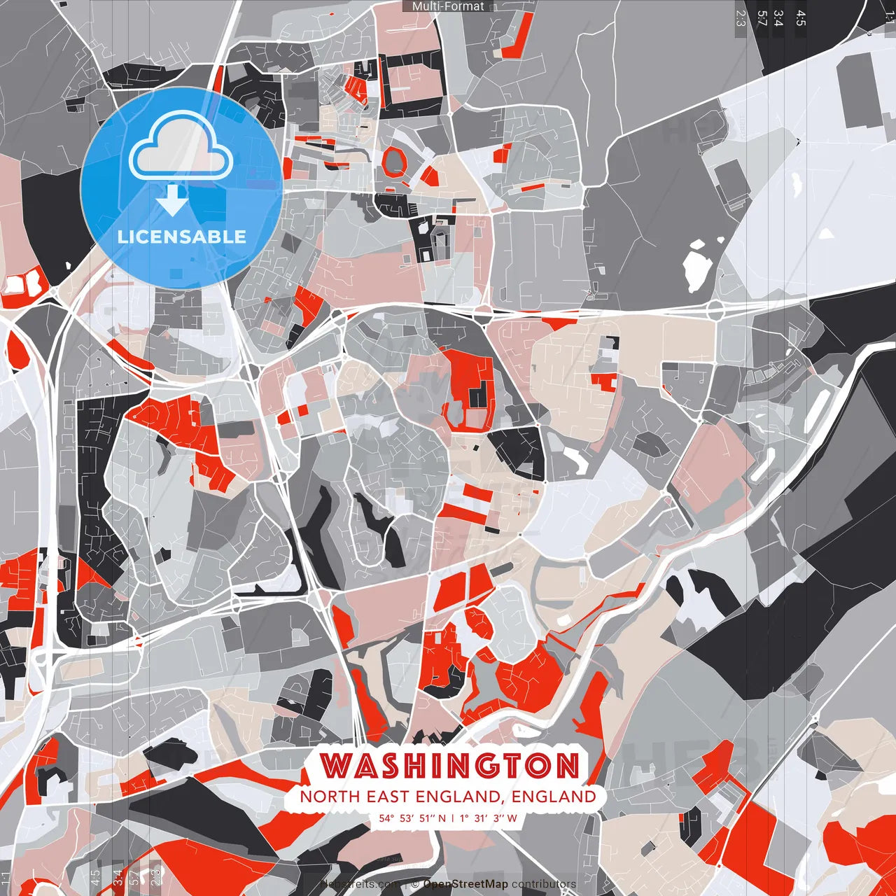 Washington, North East England, England - modern street map poster template with gray and red tones