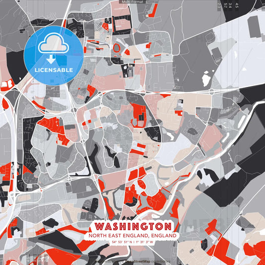 Washington, North East England, England - modern street map poster template with gray and red tones