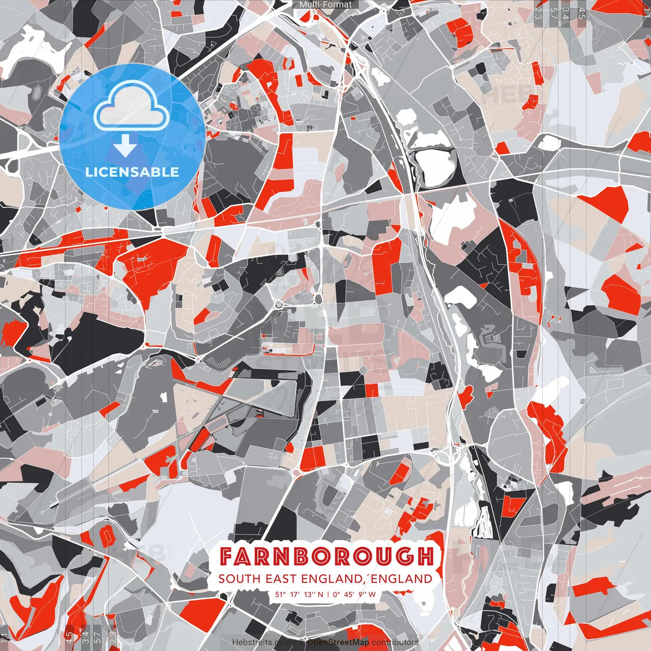 Farnborough, South East England, England - modern street map poster template with gray and red tones