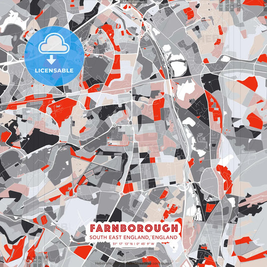 Farnborough, South East England, England - modern street map poster template with gray and red tones