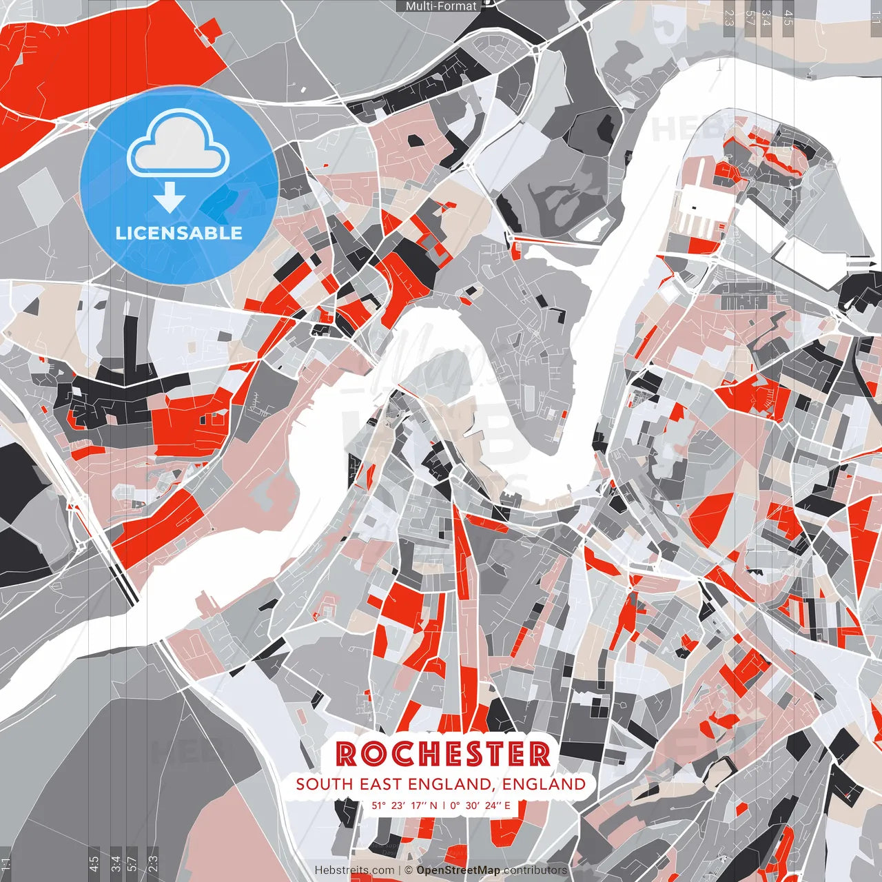 Rochester, South East England, England - modern street map poster template with gray and red tones