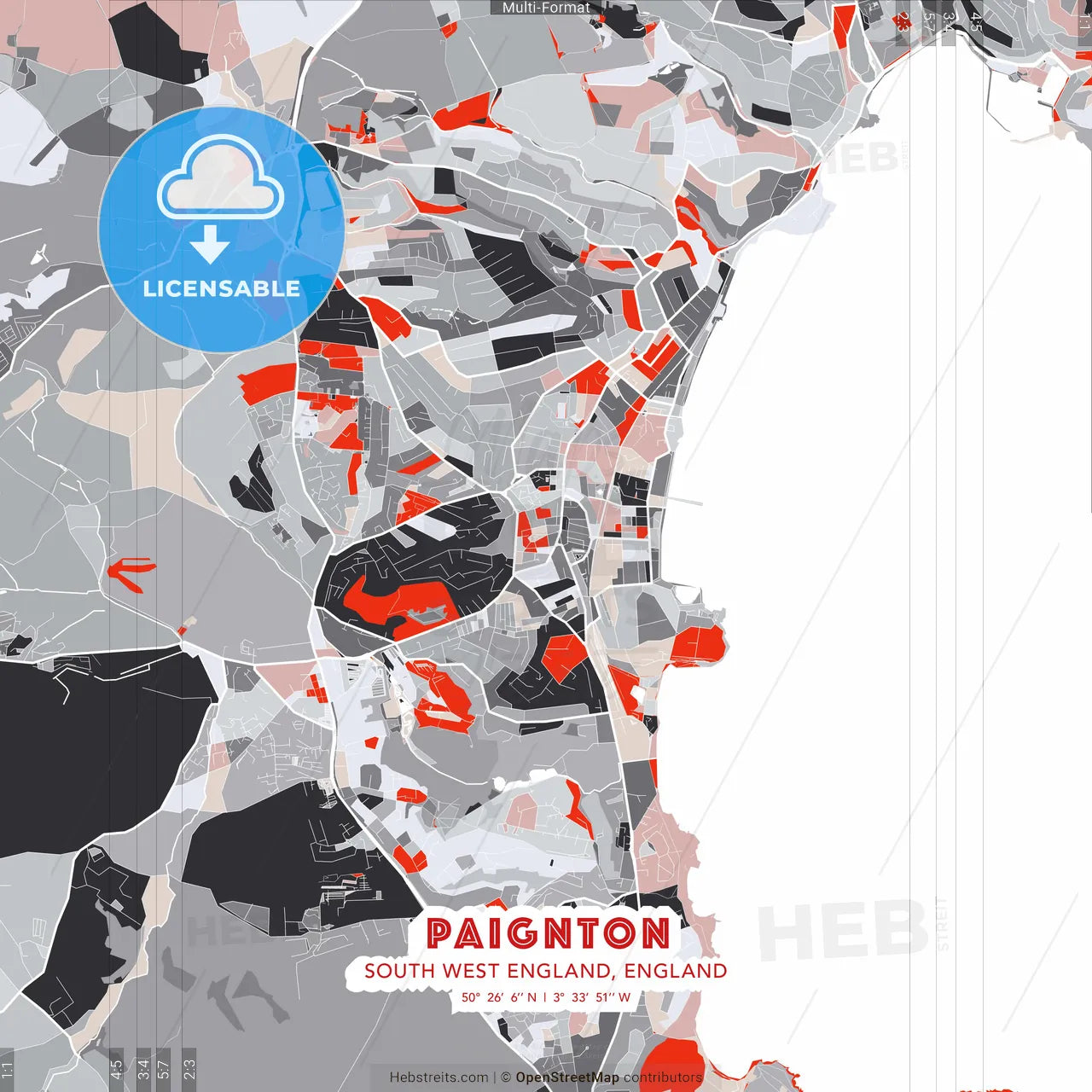 Paignton, South West England, England - modern street map poster template with gray and red tones
