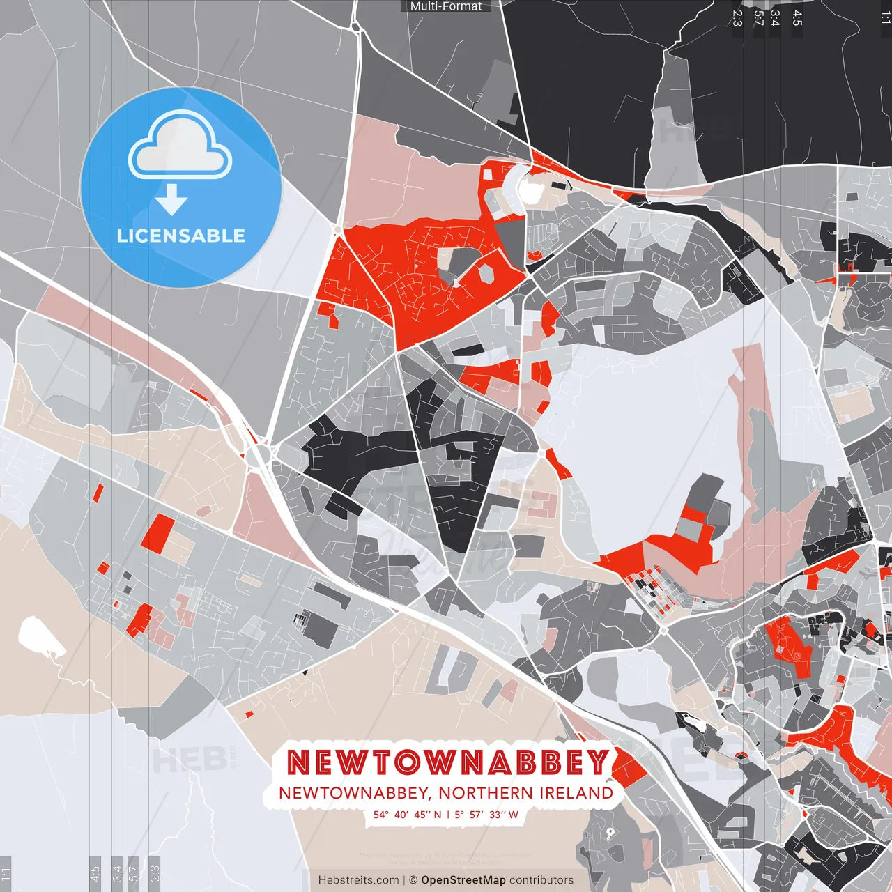 Newtownabbey, Newtownabbey, Northern Ireland - modern street map poster template with gray and red tones