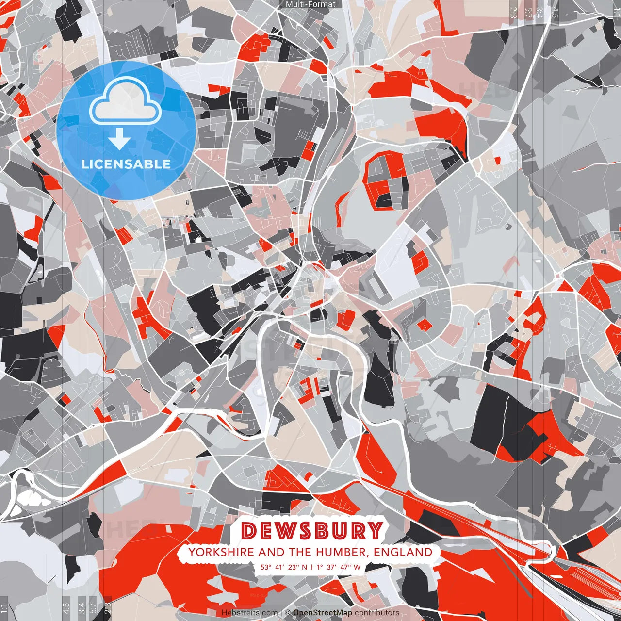 Dewsbury, Yorkshire and the Humber, England - modern street map poster template with gray and red tones