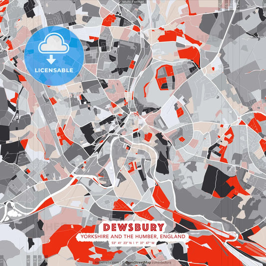 Dewsbury, Yorkshire and the Humber, England - modern street map poster template with gray and red tones