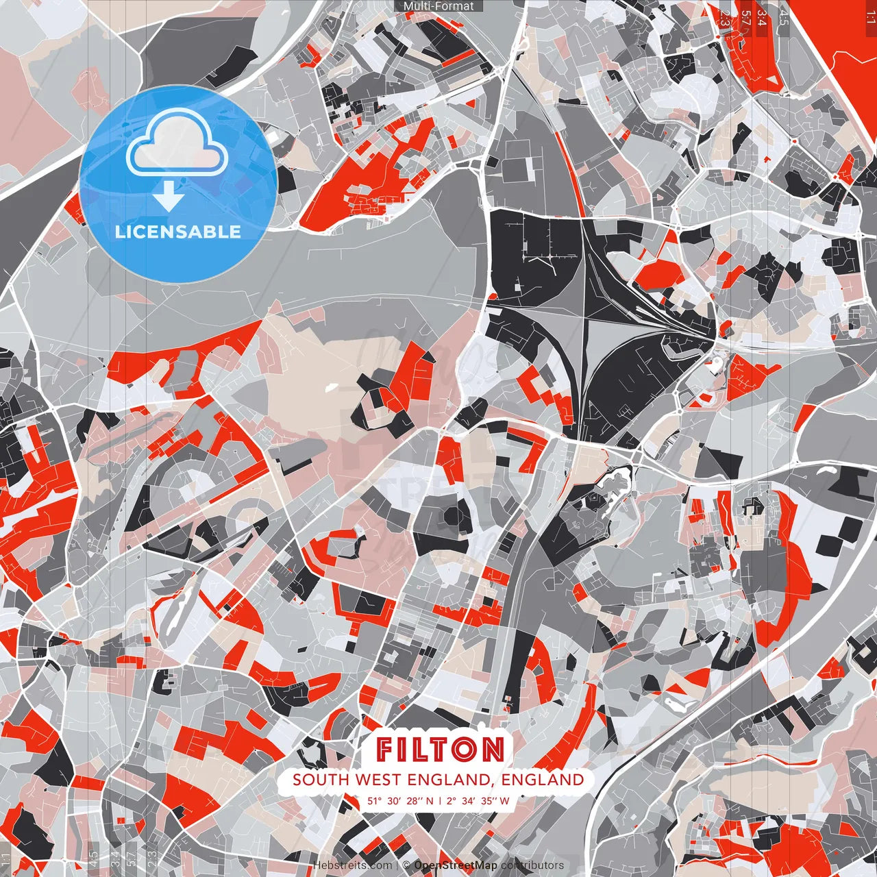 Filton, South West England, England - modern street map poster template with gray and red tones