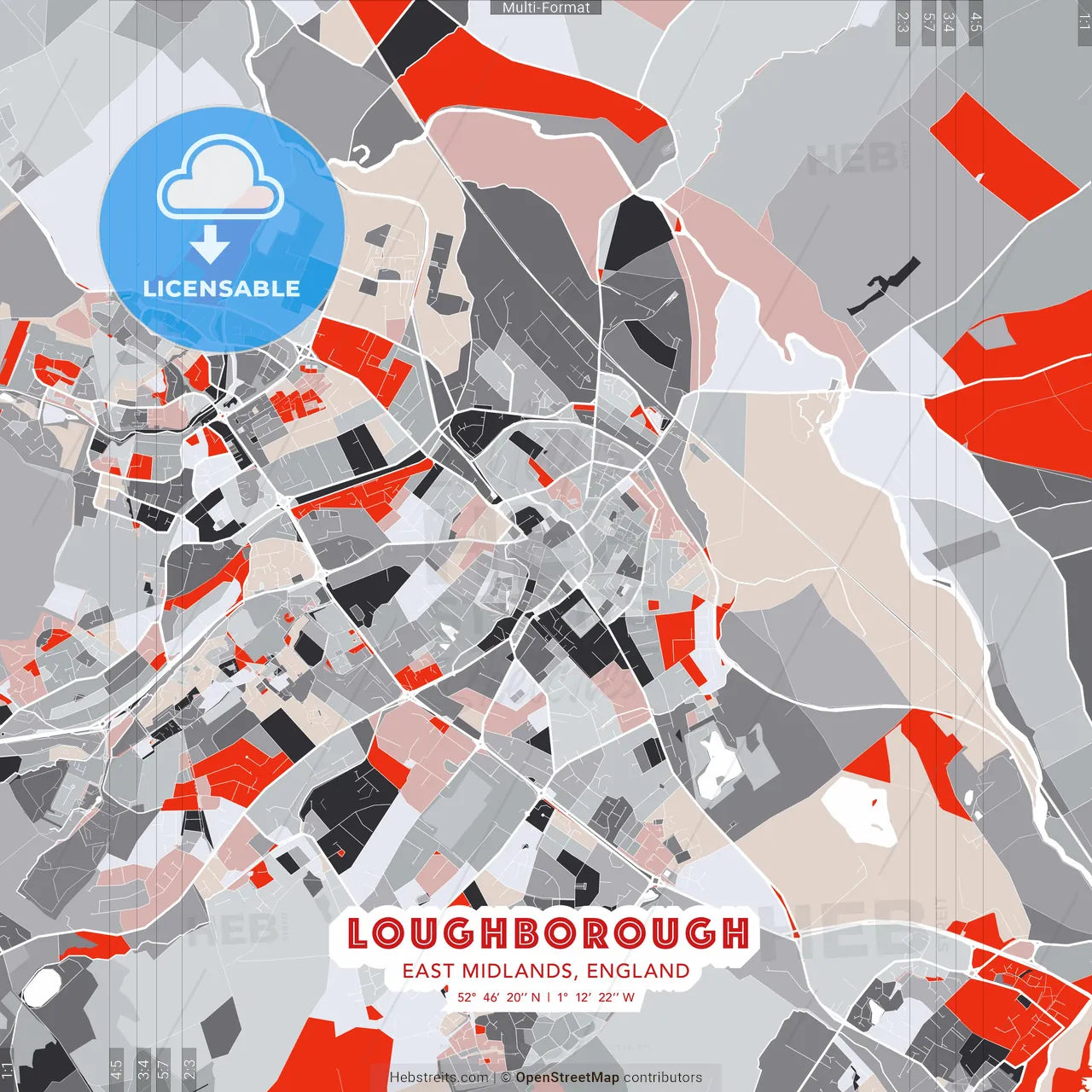 Loughborough, East Midlands, England - modern street map poster template with gray and red tones