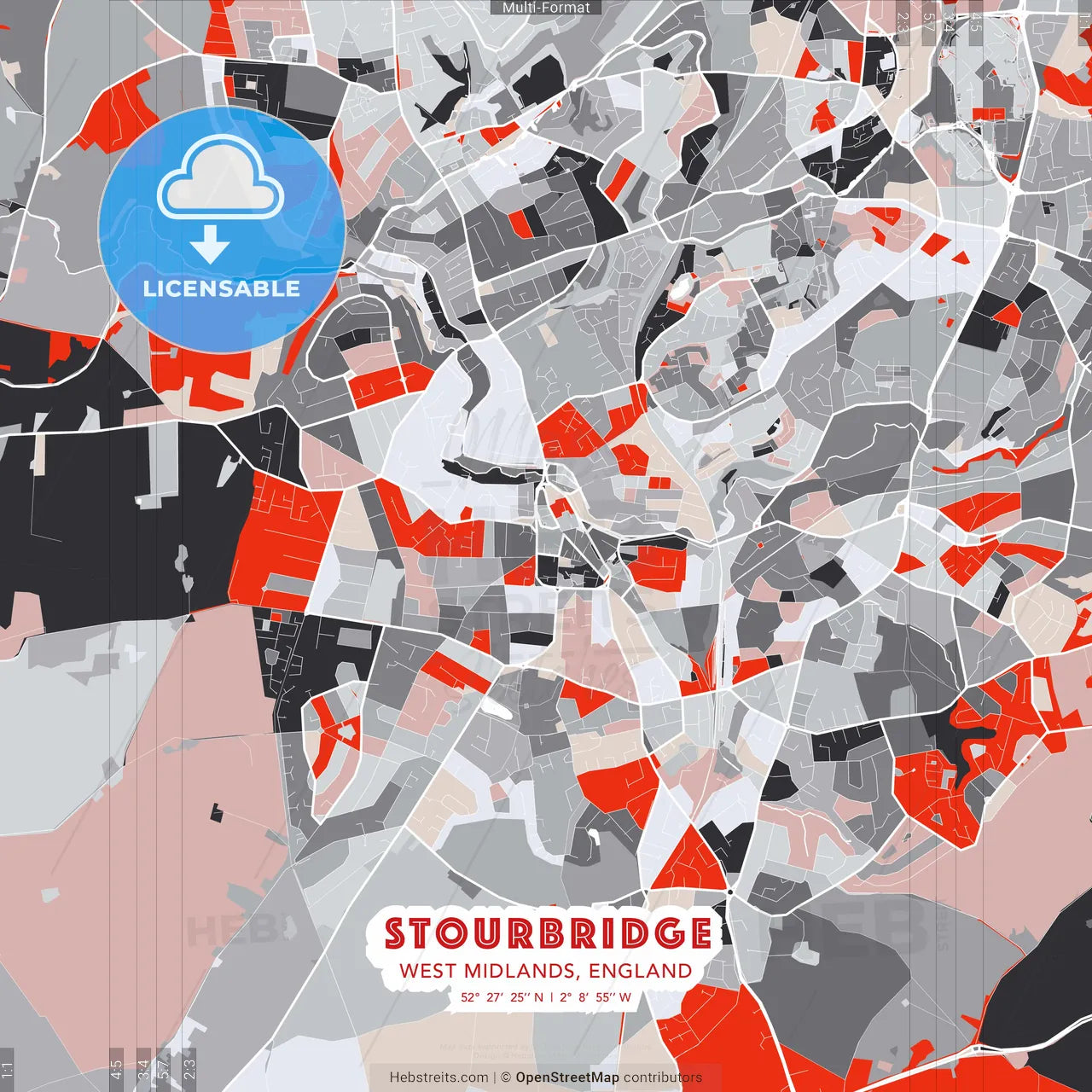Stourbridge, West Midlands, England - modern street map poster template with gray and red tones
