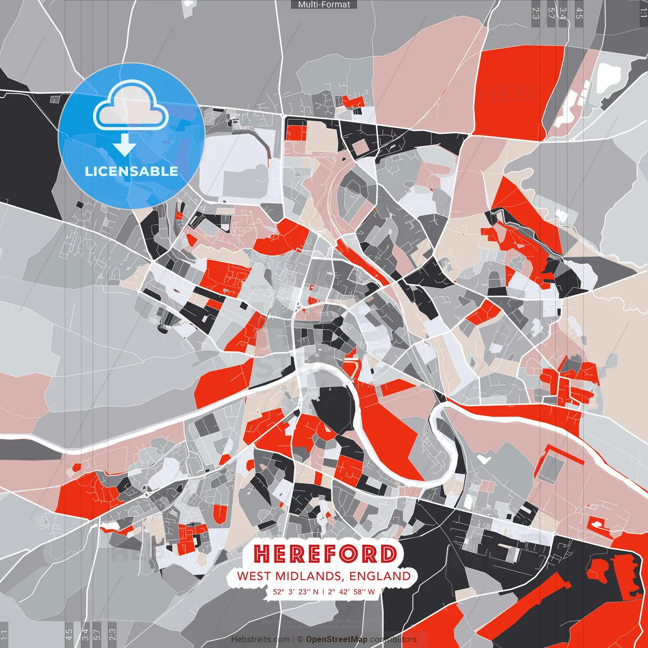 Hereford, West Midlands, England - modern street map poster template with gray and red tones