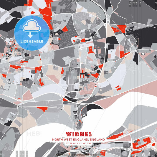 Widnes, North West England, England - modern street map poster template with gray and red tones