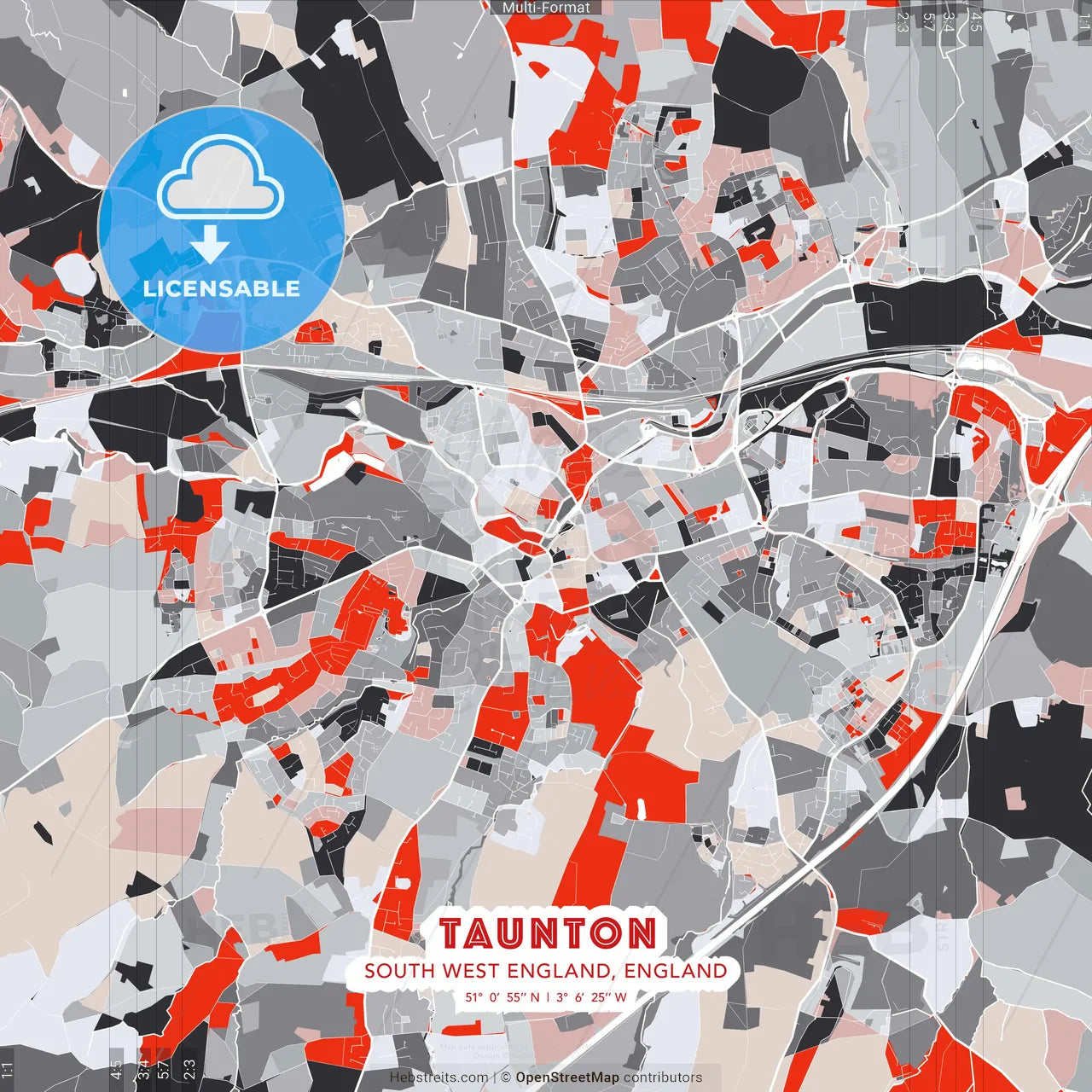 Taunton, South West England, England - modern street map poster template with gray and red tones