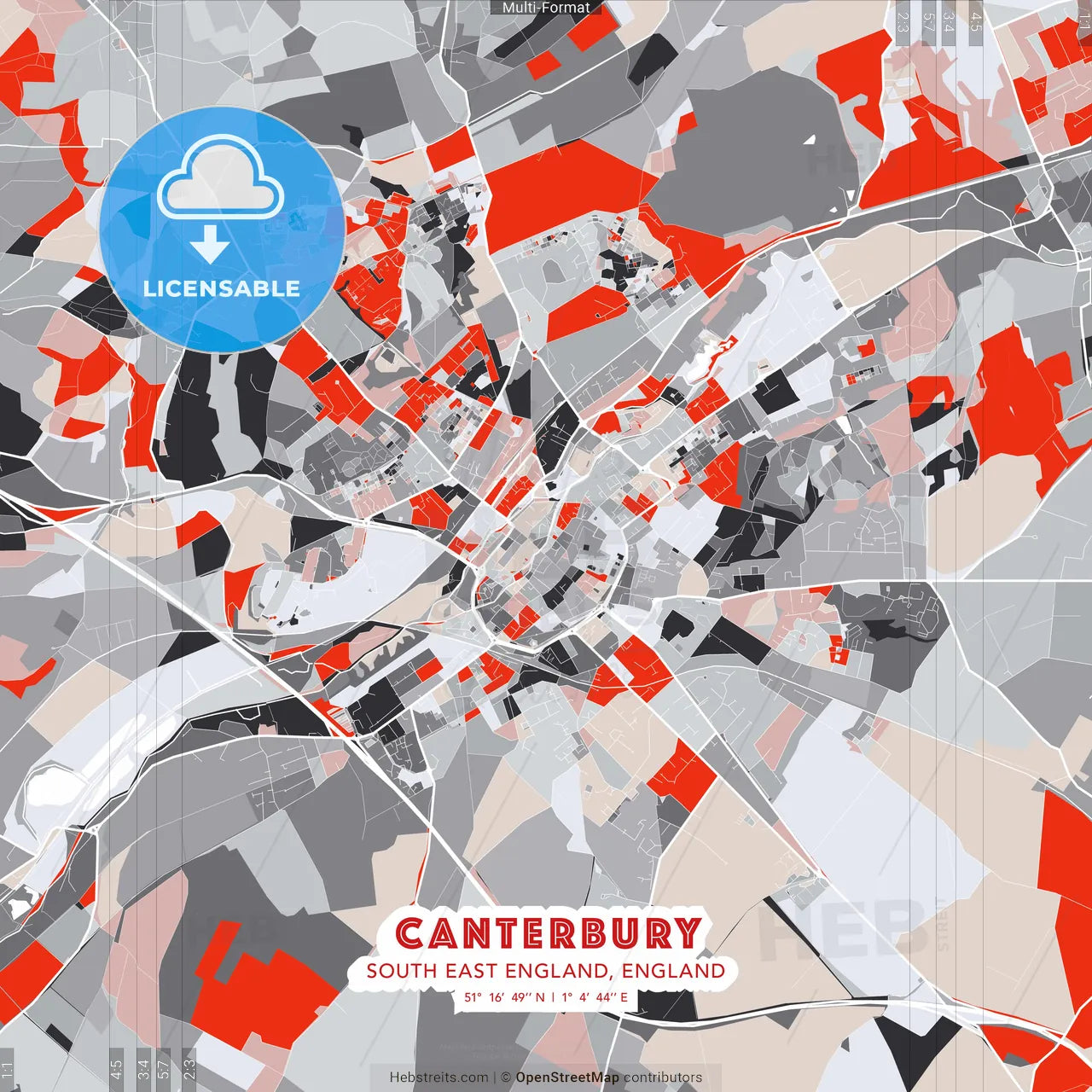 Canterbury, South East England, England - modern street map poster template with gray and red tones