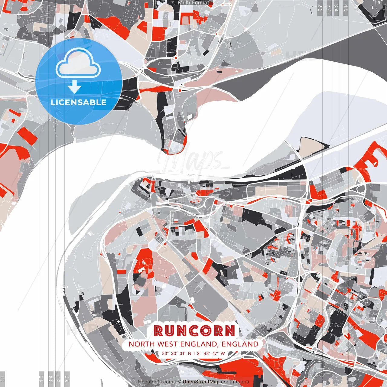 Runcorn, North West England, England - modern street map poster template with gray and red tones