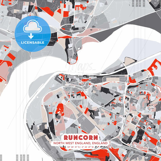 Runcorn, North West England, England - modern street map poster template with gray and red tones