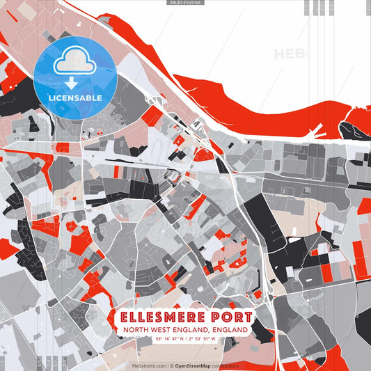 Ellesmere Port, North West England, England - modern street map poster template with gray and red tones