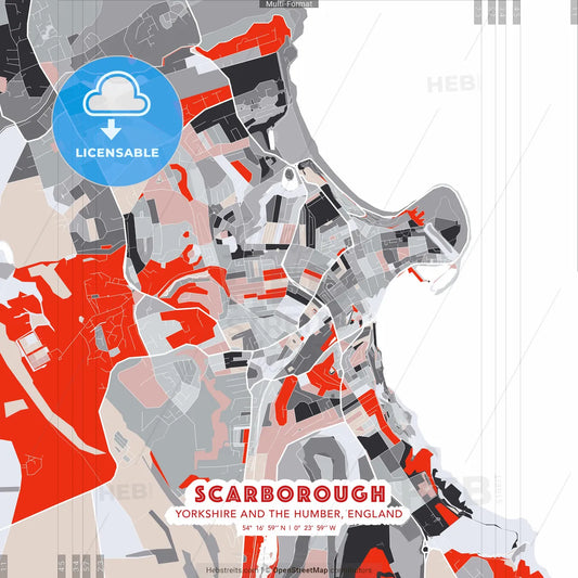 Scarborough, Yorkshire and the Humber, England - modern street map poster template with gray and red tones