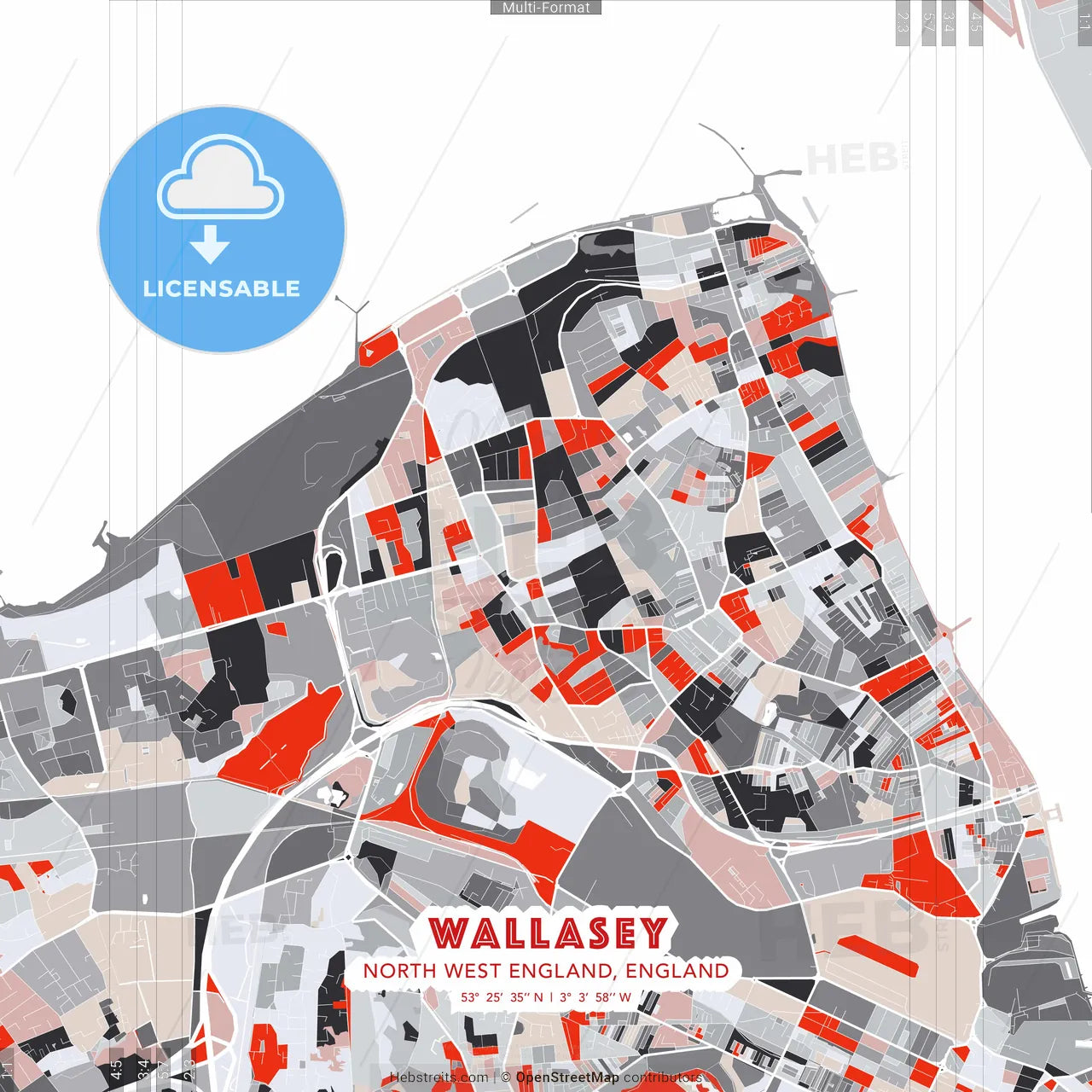 Wallasey, North West England, England - modern street map poster template with gray and red tones