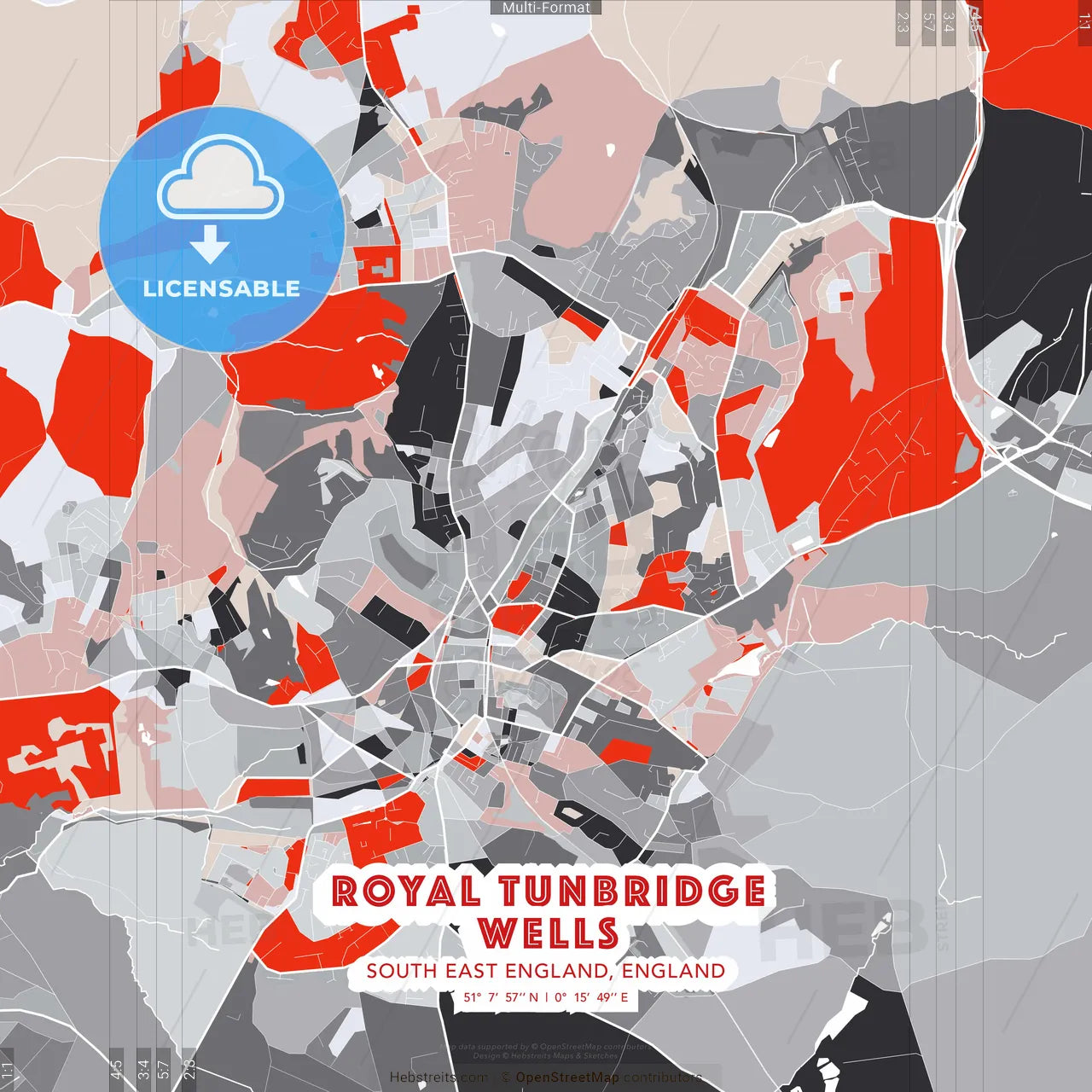 Royal Tunbridge Wells, South East England, England - modern street map poster template with gray and red tones