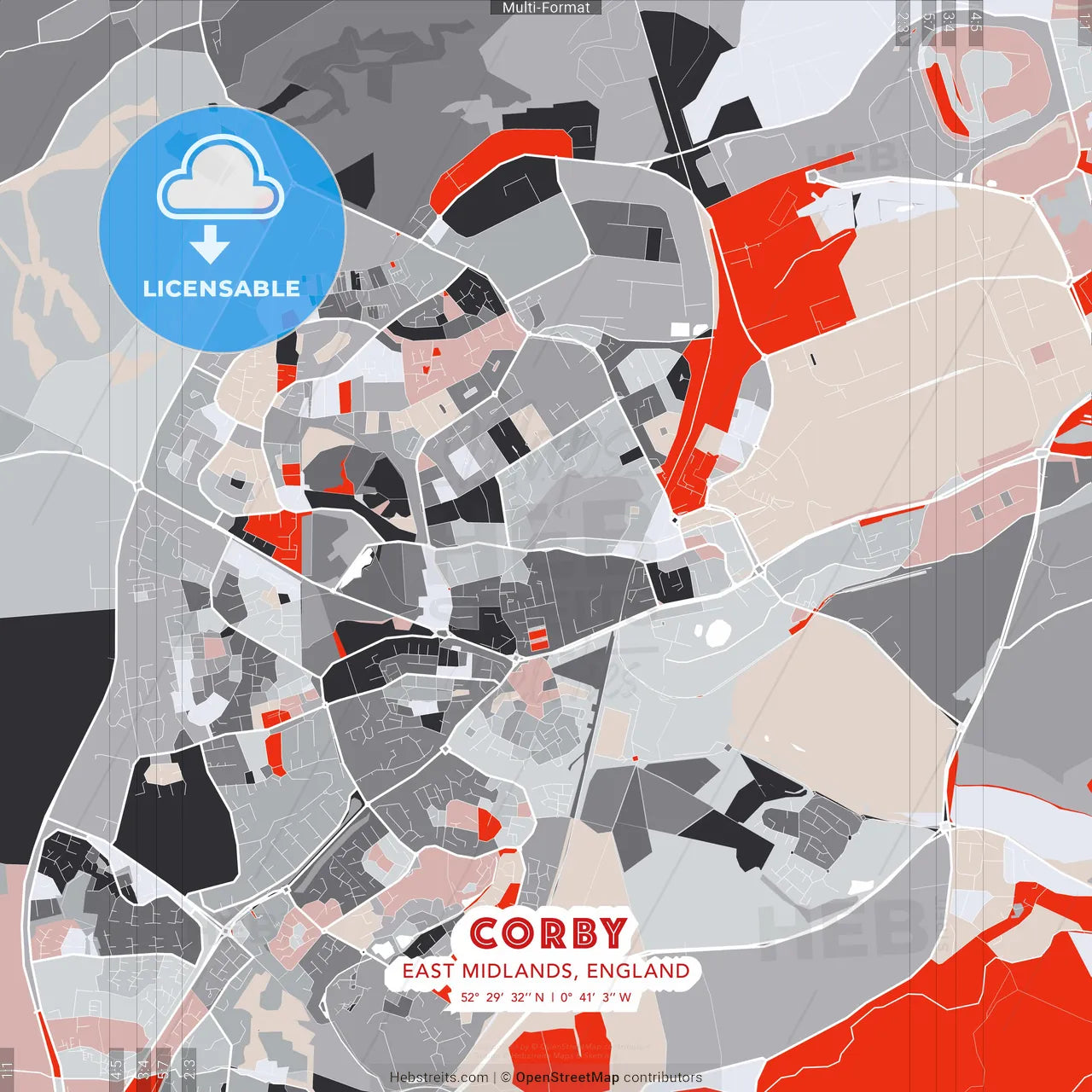Corby, East Midlands, England - modern street map poster template with gray and red tones