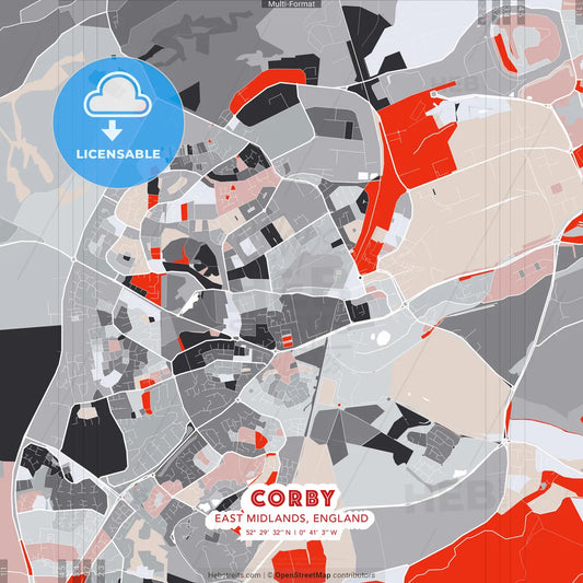 Corby, East Midlands, England - modern street map poster template with gray and red tones