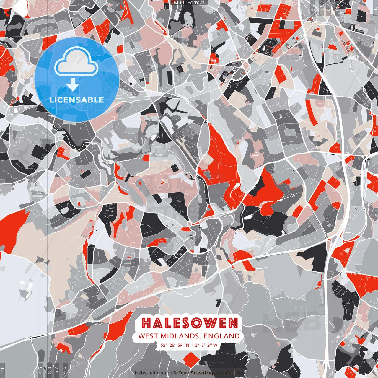 Halesowen, West Midlands, England - modern street map poster template with gray and red tones