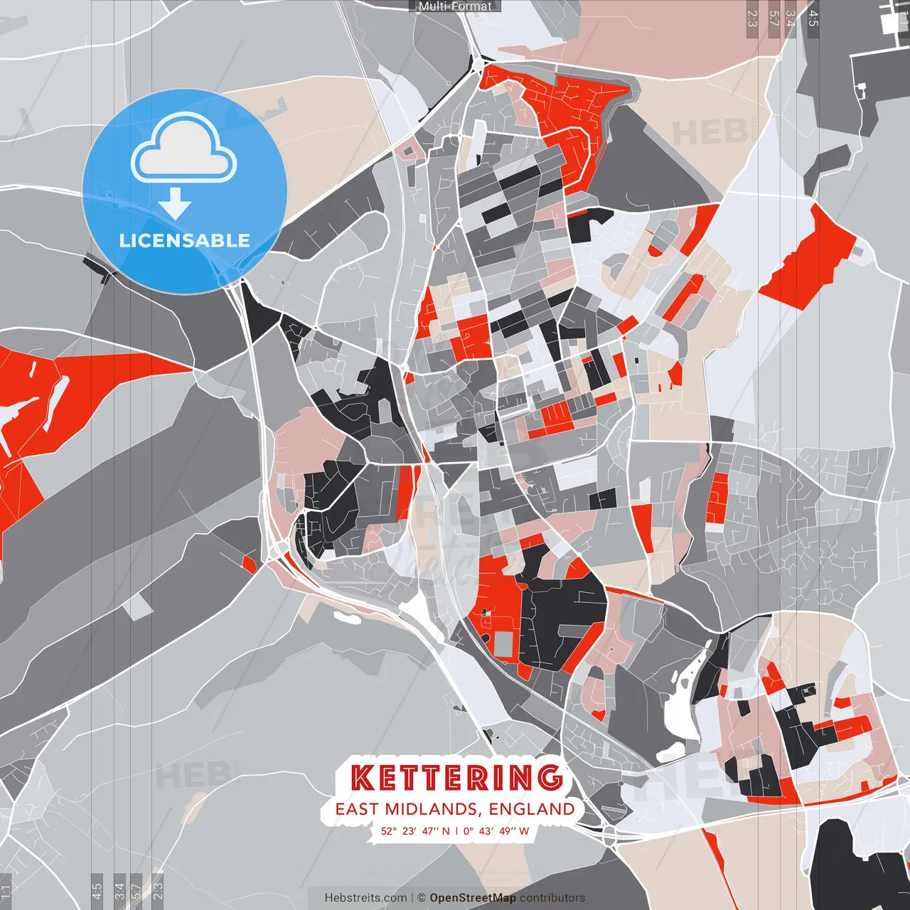 Kettering, East Midlands, England - modern street map poster template with gray and red tones