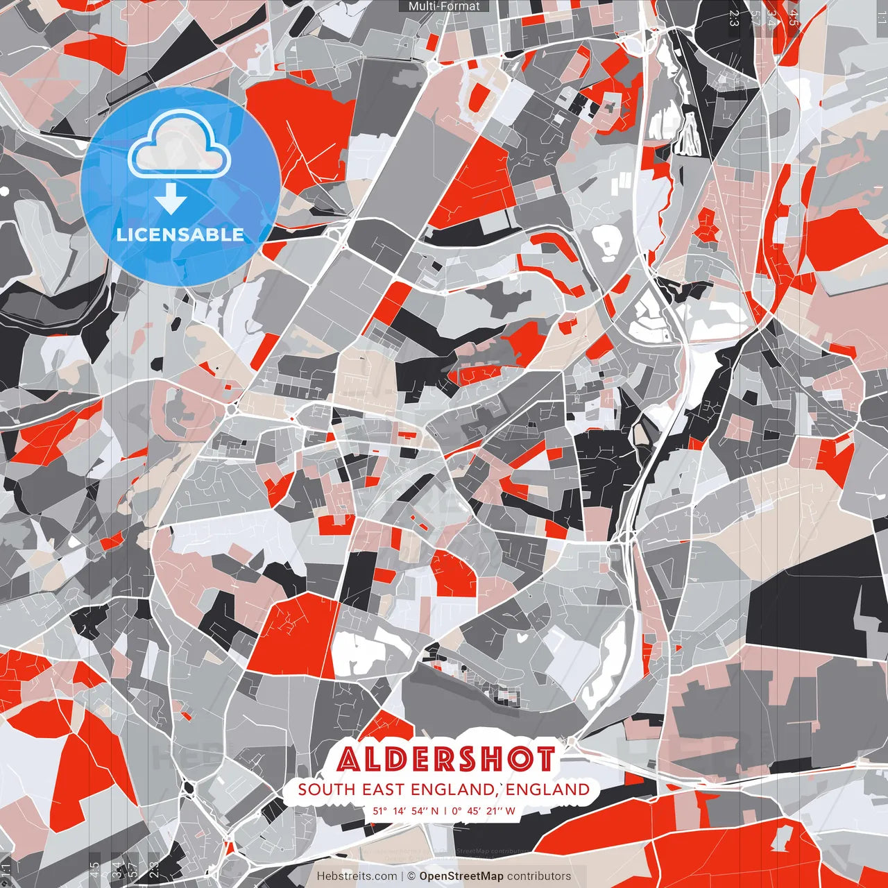 Aldershot, South East England, England - modern street map poster template with gray and red tones