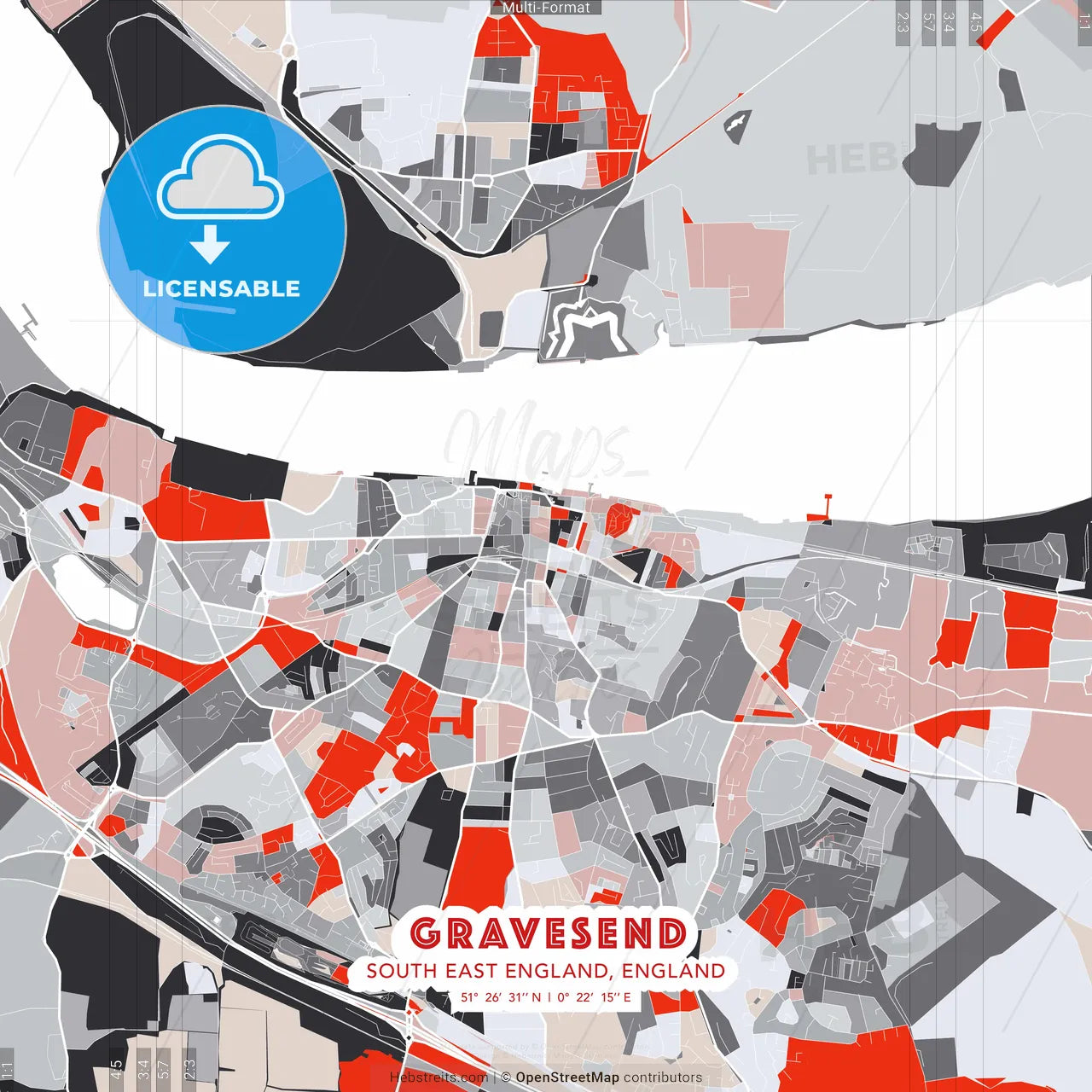 Gravesend, South East England, England - modern street map poster template with gray and red tones