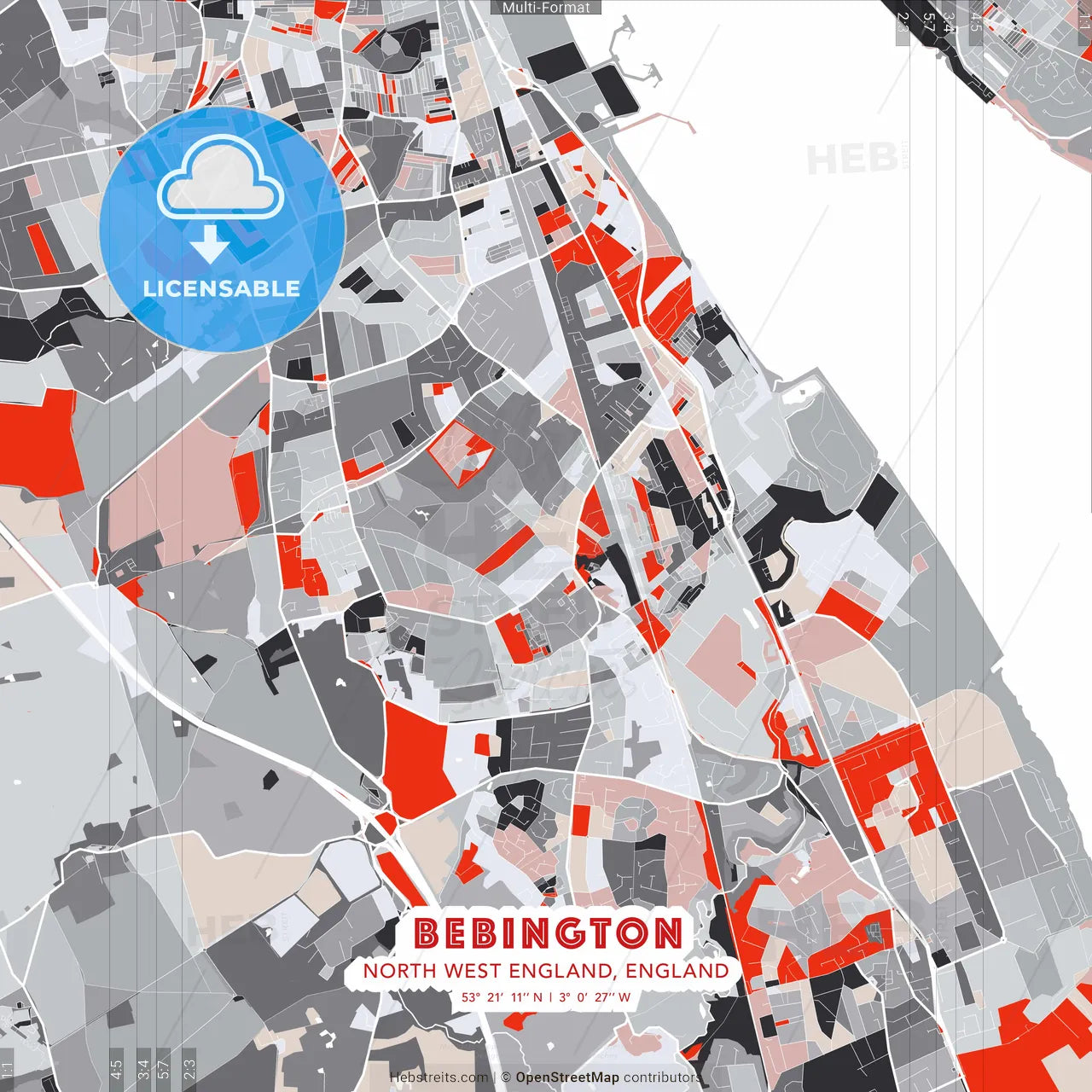 Bebington, North West England, England - modern street map poster template with gray and red tones